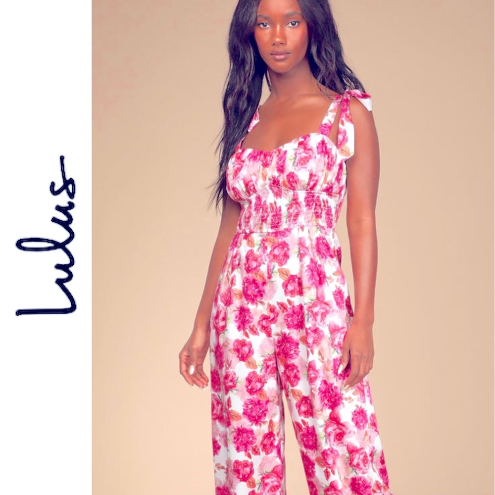 NWOT. Lulus Exquisite Outing Ivory Floral Print Tie Strap Wide Leg Jumpsuit XL.